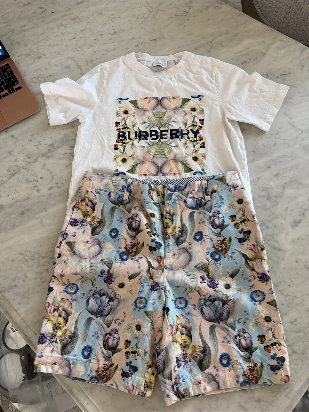 Burberry White Floral Logo Tee with Pastel Floral Shorts